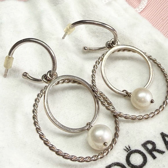 Pandora Retired/Vintage 3 Piece Compose Silver Earrings with Pearls - Picture 3 of 7